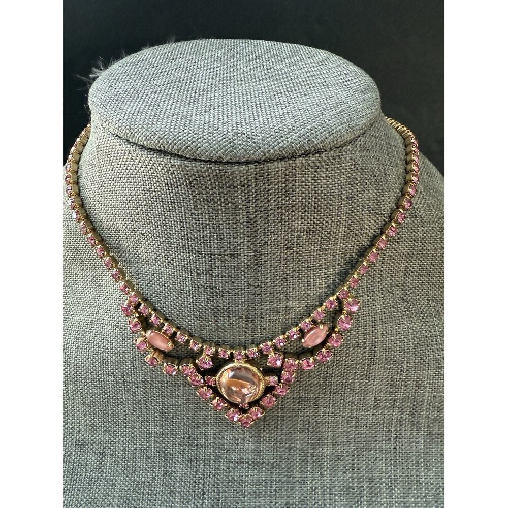 Vintage Rhinestone Necklace Pink Rose Faceted Crystal Pendant Bib Choker Formal